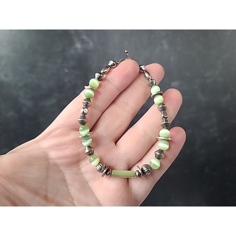 925 Sterling Silver & Cat's Eye Beaded Bracelet Vintage Toggle Closure